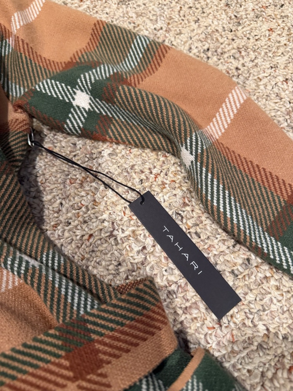 Tahari Plaid Wrap Coat in Tan and Green - Picture 3 of 4